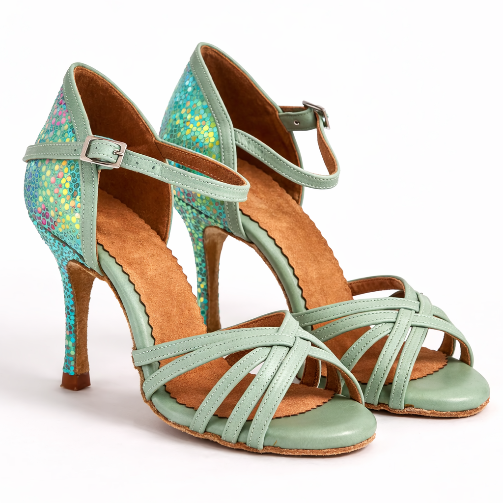 Sandales à talons vertes à strass - Élégance lumineuse